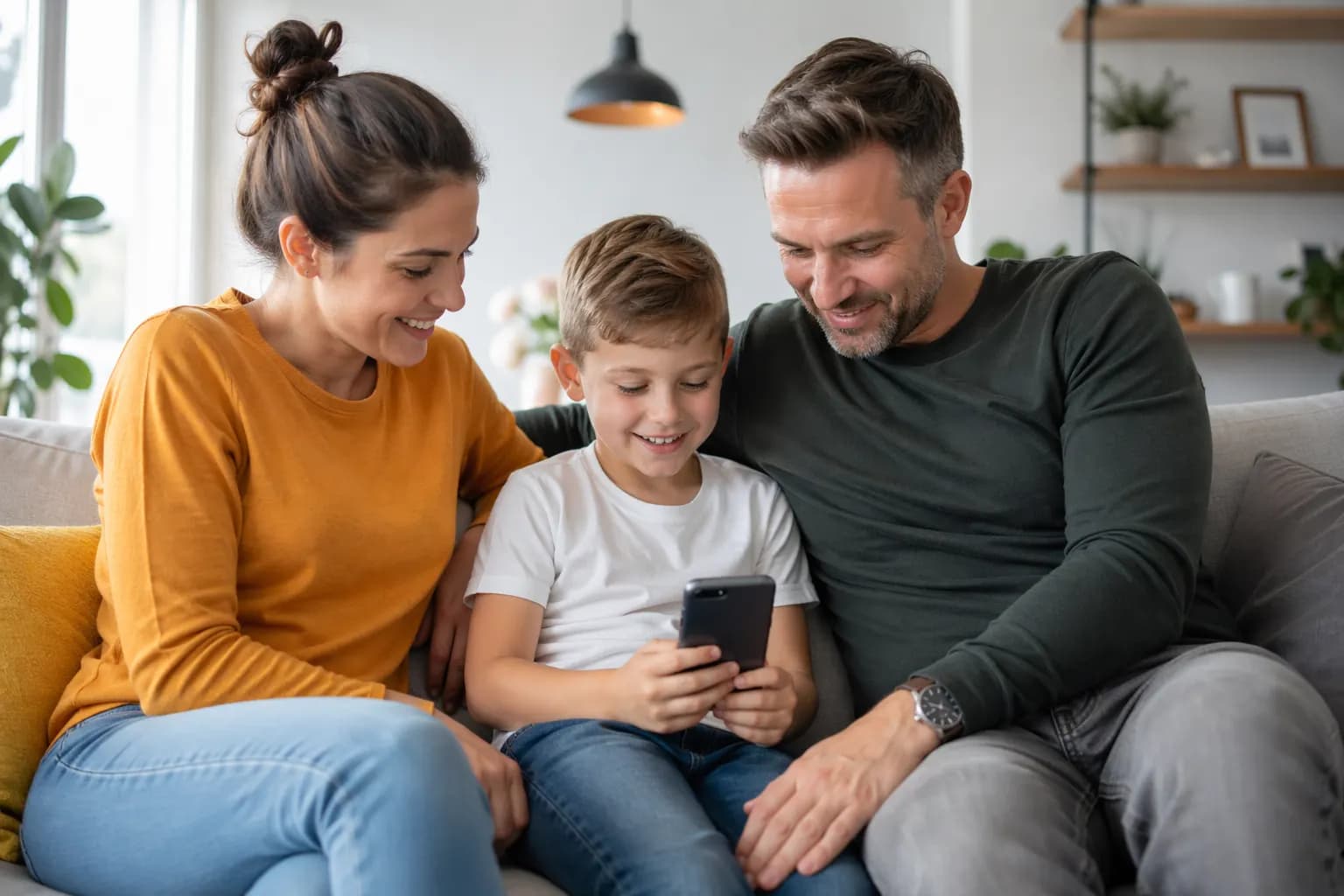 Familie sitzt gemeinsam auf dem Sofa und schaut auf ein Smartphone